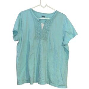 Basic Editions Womens Aqua Crochet Trim Cotton Top Size XLG